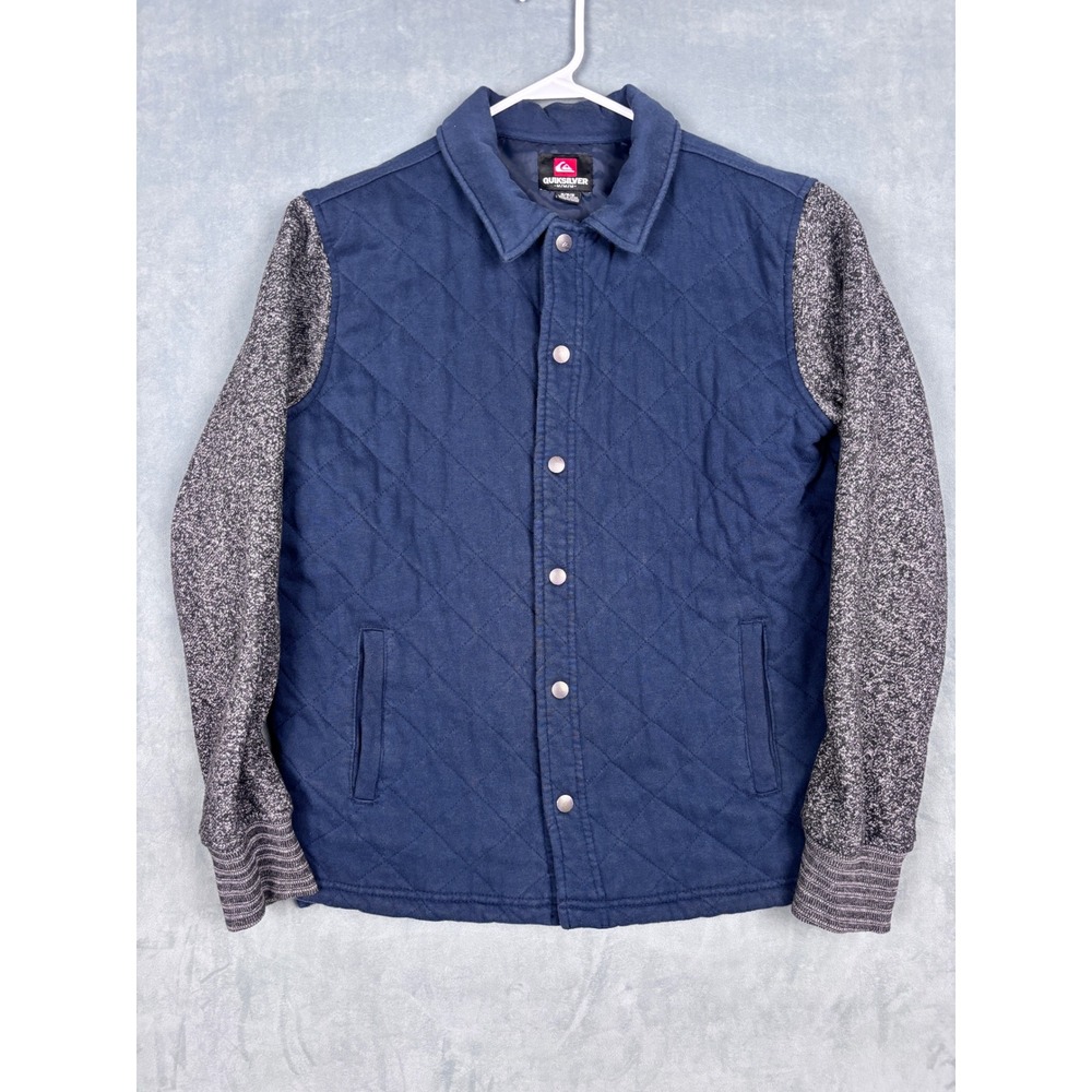 Quiksilver June Gloom Mens Medium Navy Quilted Varsity Jacket Grey Knit Sleeves
